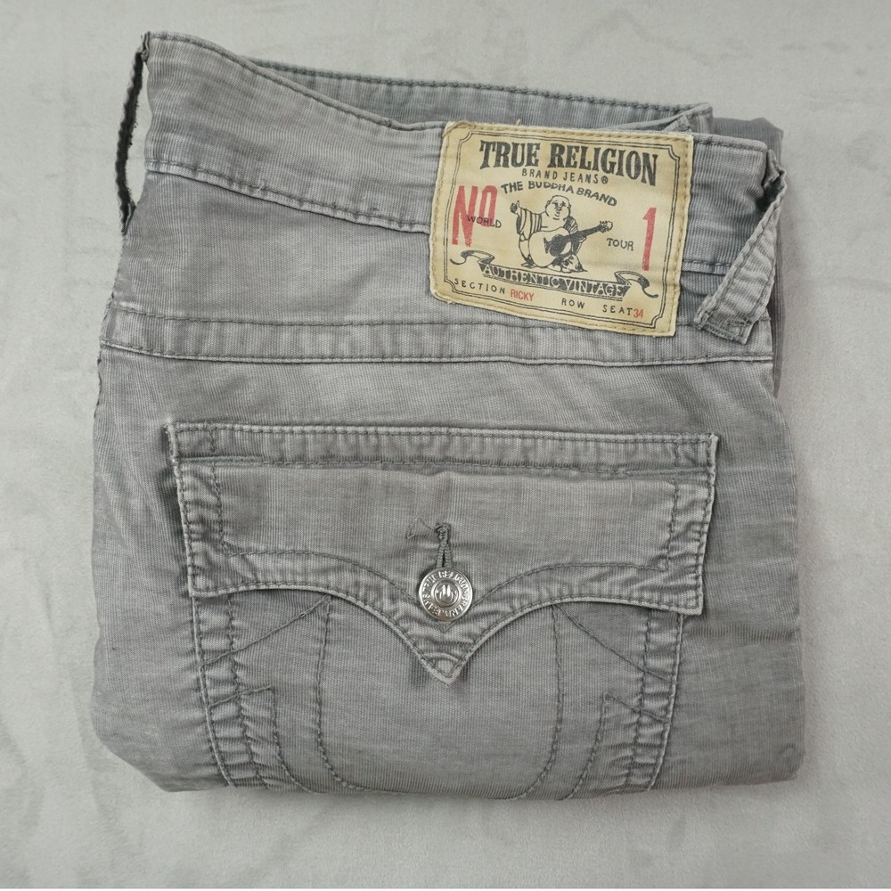 True Religion Jeans Mens 34x33 Gray Ricky Corduroy Flap Pocket Relaxed Straight